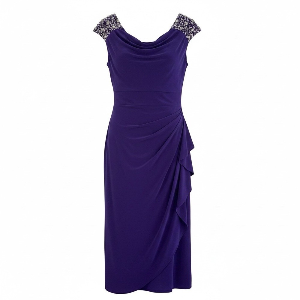 Alex Evenings Women’s Sheath Dress 14W Purple/Drape Waist - Bejewel Cap Sleeve